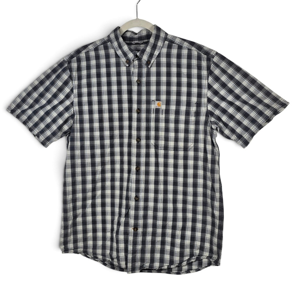 Carhartt Shirt Mens Medium Relaxed Fit Navy White Plaid Short Sleeve Cotton Work